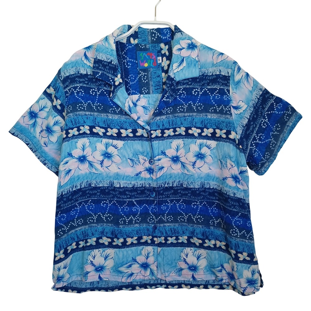 Jams World Blubiscus Blue Floral Rayon Button Down Shirt Medium W624-BLUB